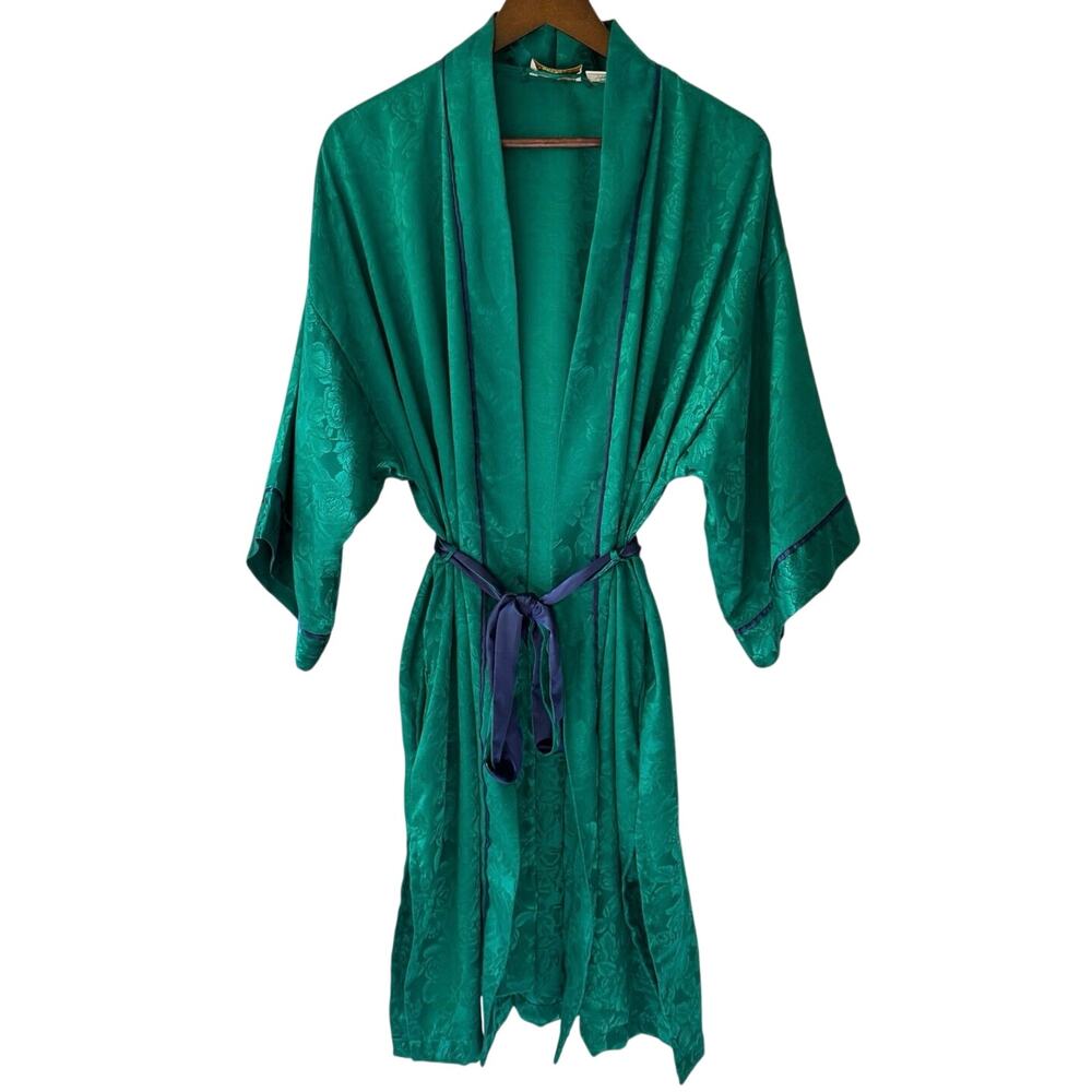 Vintage Victoria's Secret Gold Label Satin Short Robe Kimono Green Floral OS 90s